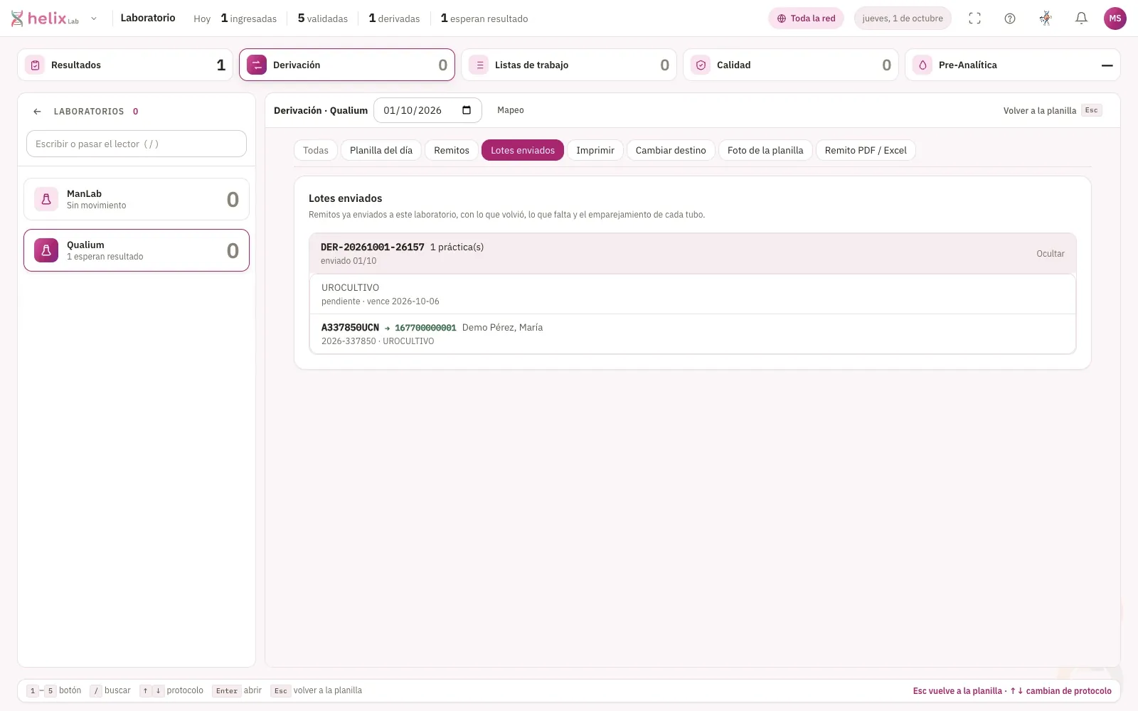 Pantalla de Derivación de HELIX: tubos vinculados con el laboratorio de referencia y su remito.