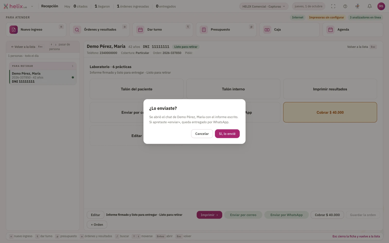 Recepción de HELIX: después de abrir el chat de WhatsApp del paciente con el informe escrito, el sistema pregunta si se envió.