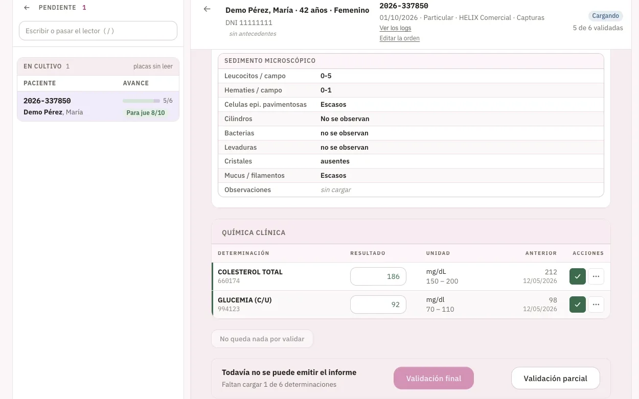 Validación en HELIX: cada resultado con el valor anterior del paciente al lado y la validación por sección.